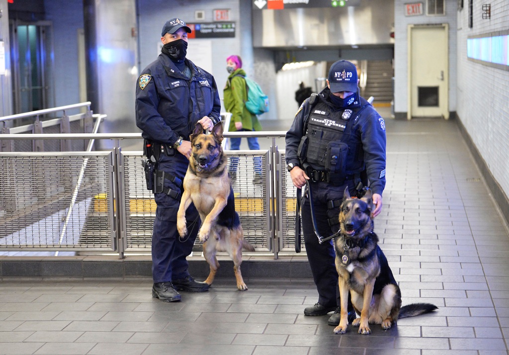 Two NYPD cops seen with their K9 dogs in an NYC subway station.