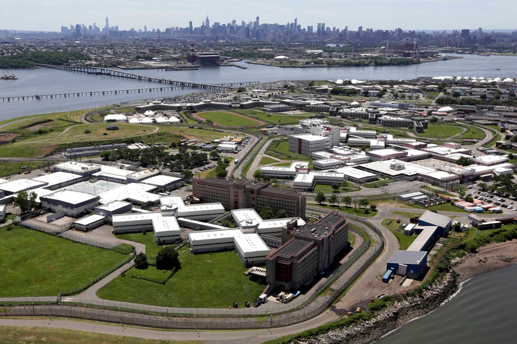 This aerial photo shows Rikers Island.