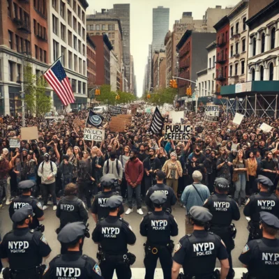 Tense protest scene in NYC with NYPD officers and demonstrators holding signs, emphasizing public safety concerns.