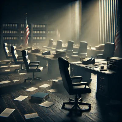 A dimly lit government office with multiple empty desks and abandoned chairs, symbolizing mass firings and political upheaval in federal agencies.