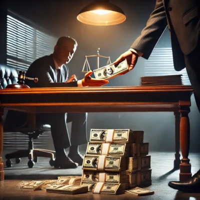 A government office where stacks of money are being secretly exchanged under a table, symbolizing kickbacks, bribery, and financial corruption. The shadowy atmosphere highlights secrecy and misconduct.