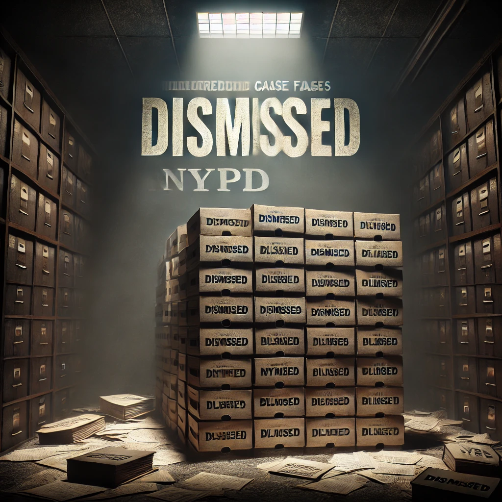 A dark and moody NYPD office with stacks of misconduct case files labeled "Dismissed," symbolizing buried brutality cases and a lack of transparency in police discipline.