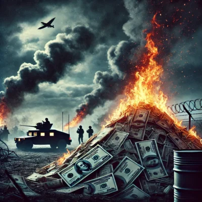 Burning cash symbolizing war and corruption, with military vehicles in the background