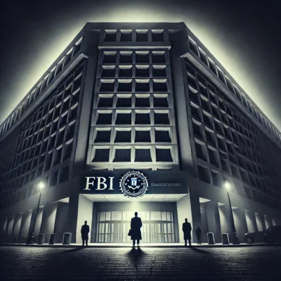 FBI headquarters at night with a shadowy atmosphere, symbolizing secrecy and government cover-ups