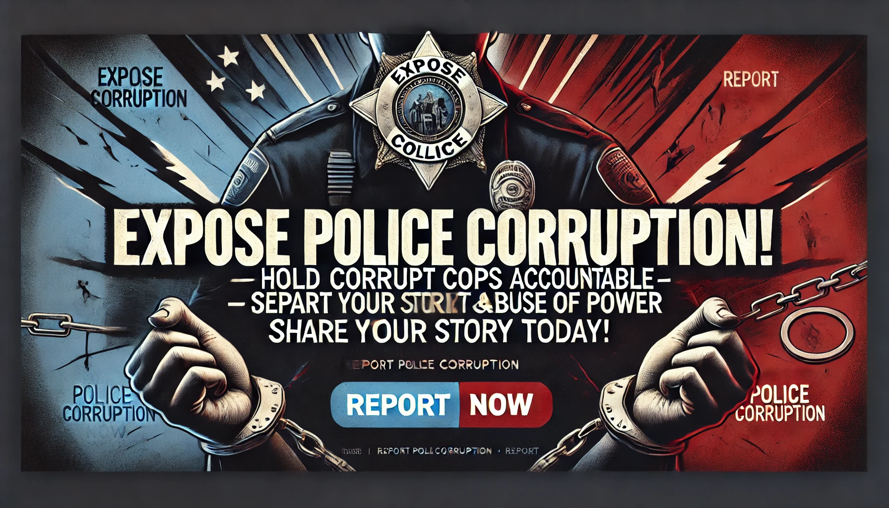 A striking and bold banner calling for action against police corruption. The banner prominently displays 'Expose Police Corruption – Report Misconduct & Abuse of Power' with a background featuring imagery of law enforcement abuse, such as a cracked police badge, protest scenes, and a call for justice