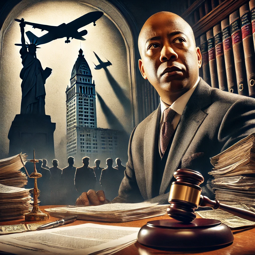Illustration of New York City Mayor Eric Adams in a courtroom, surrounded by legal documents and a judge’s gavel, symbolizing bribery and corruption allegations.
