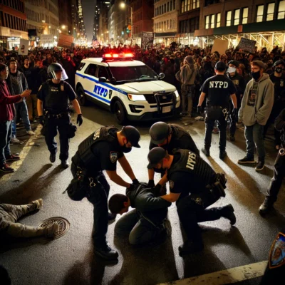 NYPD officers detaining a suspect at a night-time protest, with a crowd reacting in the background under city lights.