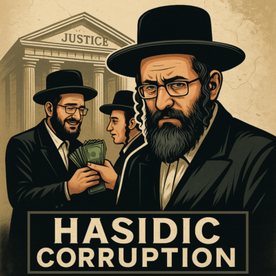 Editorial illustration showing Hasidic men exchanging money in front of a courthouse labeled “Justice,” symbolizing religiously affiliated real estate fraud and legal manipulation.